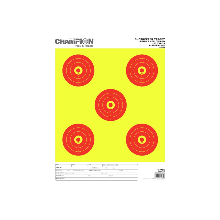 Champion Targets 45563 Shot Keeper 5 Bullseye 100 Yard Pistol/Rifle Targets, Yellow/Red, Large, 12 Pack