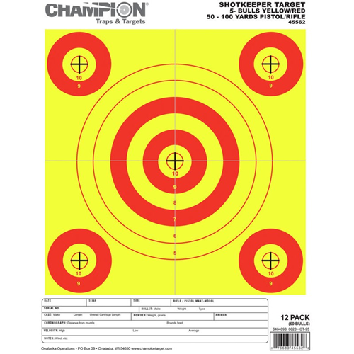 Champion Targets 45562 Shot Keeper 5 Bullseye 100 Yard Pistol/Rifle Targets, Yellow/Red, Small, 12 Pack