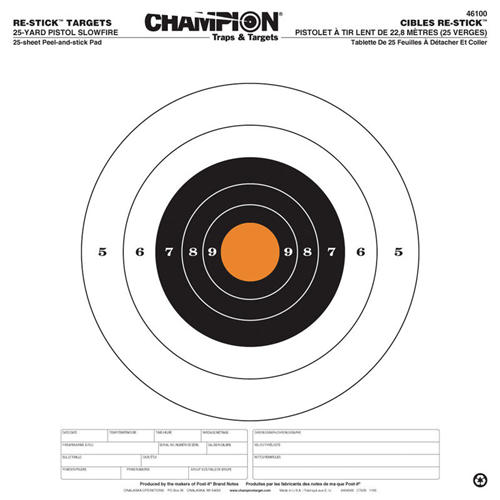 Champion Targets 46100 Re-Stick Targets, 25 Yard Pistol Slow Fire, 14.5x14.5, 25 Sheets