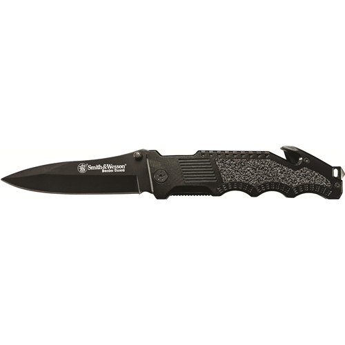 Border Guard 2 w/Black Coated Stainless Steel Drop Point Blade & Black Coated Aluminum Handle w/Trac Tec Insert, Glass Break, Seatbelt Cutter & Pocket Clip