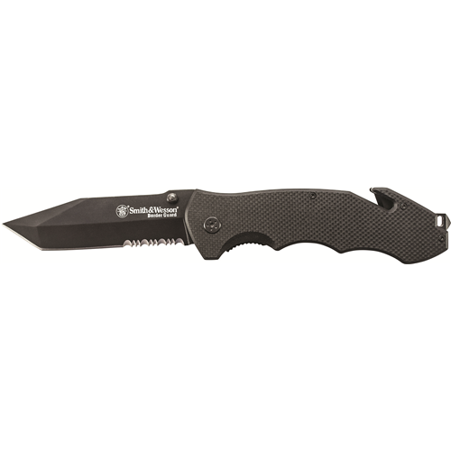 Border Guard 5 Liner Lock Black Tanto Partially Serrated Blade with Ambidextrous Thumb Knobs G-10 Handle with Lanyard Hole