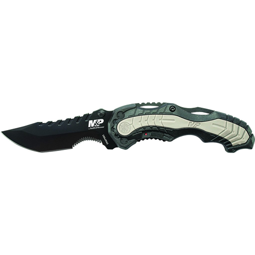 M&P M.A.G.I.C. Assist Liner Lock 4034 Stainless Steel w/40% Serrated Blade Black Aluminum Handle w/Side Safety & Pocket Clip